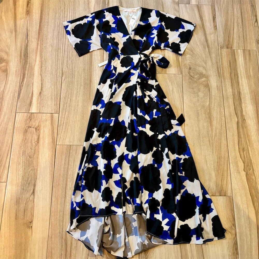Hutch for Anthropologie Wrap Maxi Dress Womens XS Blue Black Ivory Tie